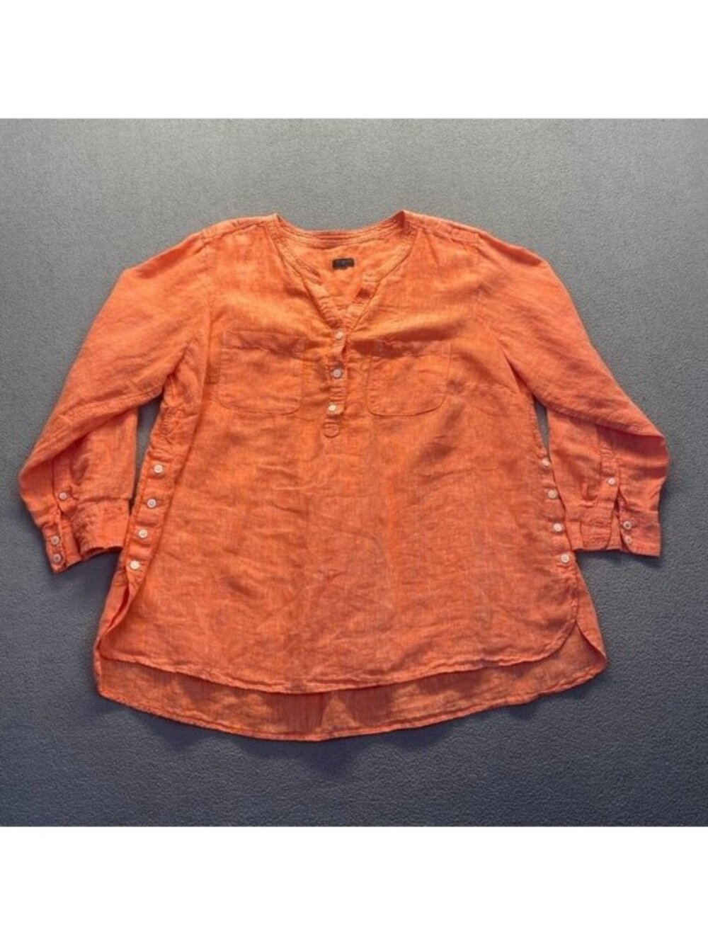 Talbots Womens Top Button Linen Band Collar Popover Regular Size Large Orange